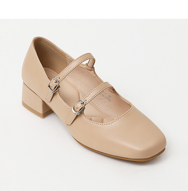 4D Cushioned Double-strap Low Heel Mary Jane Shoes Almond