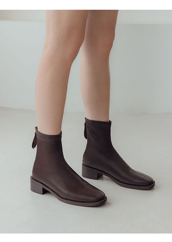 Square Toe Wooden Heel Sock Boots Dark Brown