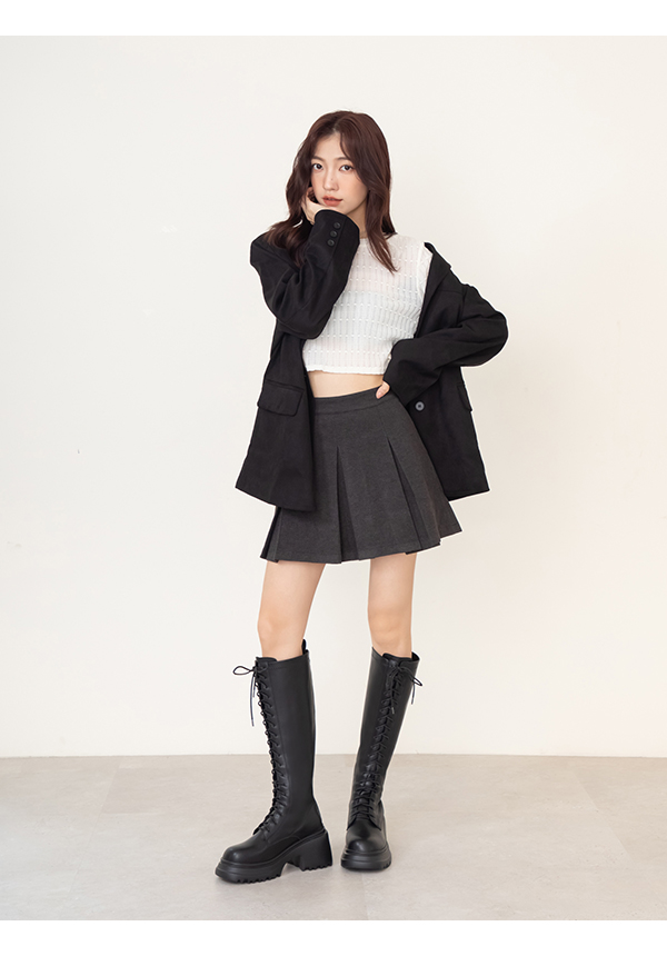 女團風輕量厚底綁帶長靴 黑色