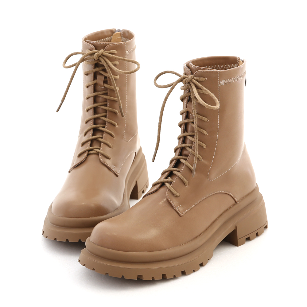 Round Toe Thick Sole Lace-Up Martin Boots Beige