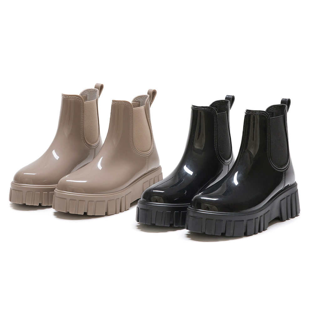 雨天百搭．鋸齒底短筒切爾西雨靴 奶茶杏