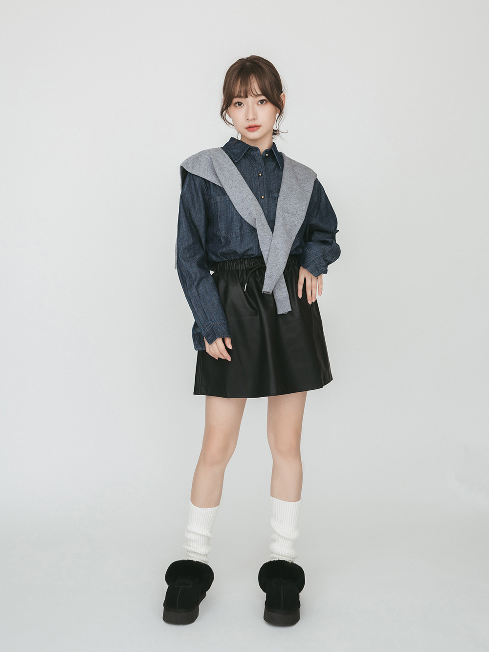 雪地精靈.真皮羊毛厚底雪靴拖鞋 時尚黑