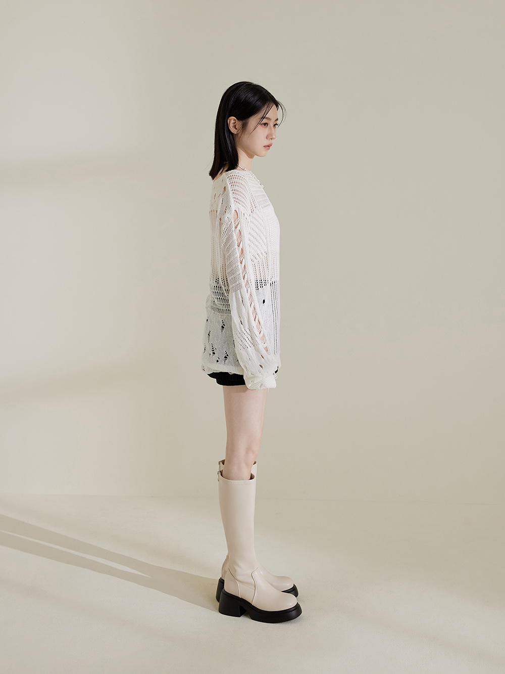 明星舞台．輕量加厚底瘦瘦長靴 香草米