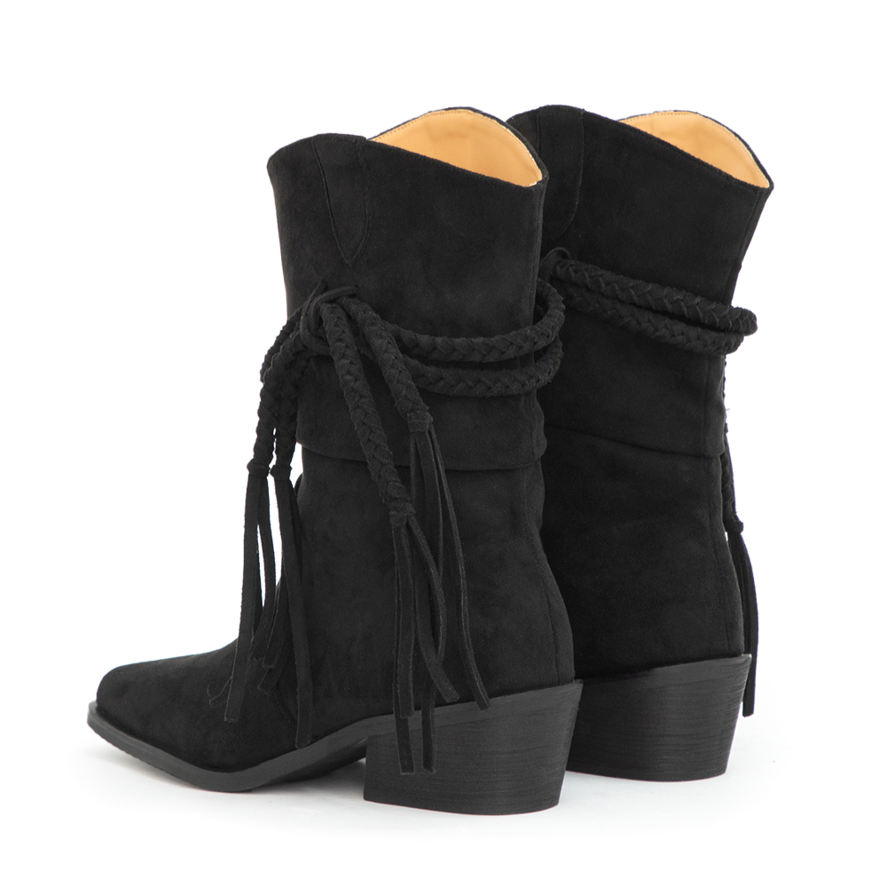 吉普賽流蘇小V口牛仔短靴 黑色