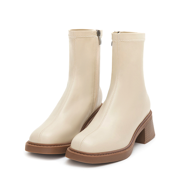 Square-Toe Wood-Heel Slim Boots Beige