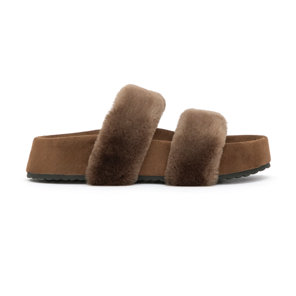 軟萌毛毛一字雙帶厚底拖鞋 咖色