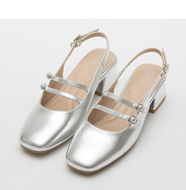 Patent Leather Double Strap Low-Heel Slingback Mary Jane Shoes Silver