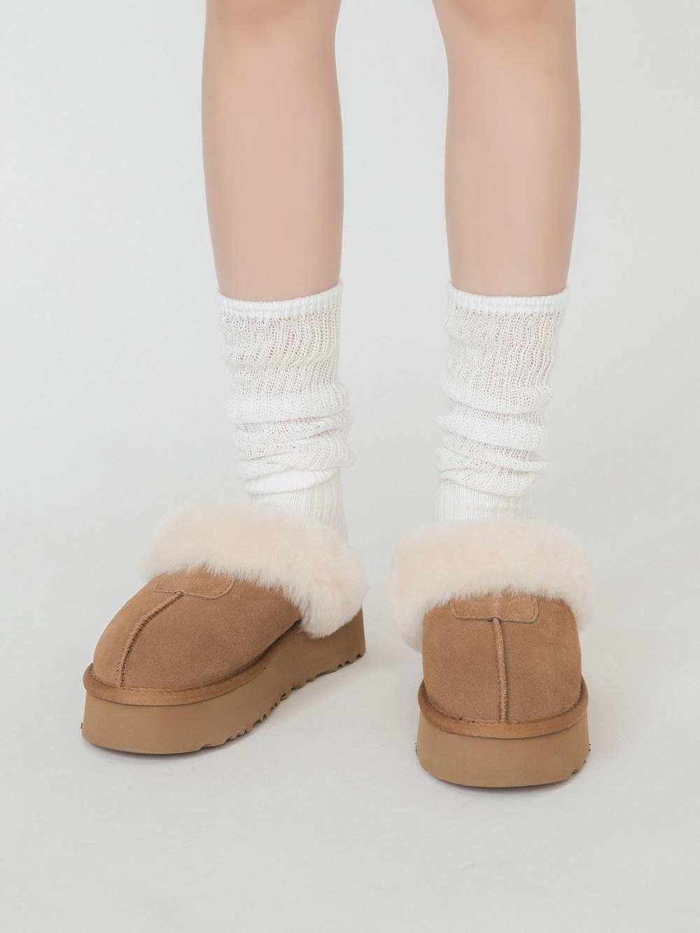 雪地精靈．真皮羊毛厚底雪靴拖鞋 駝色