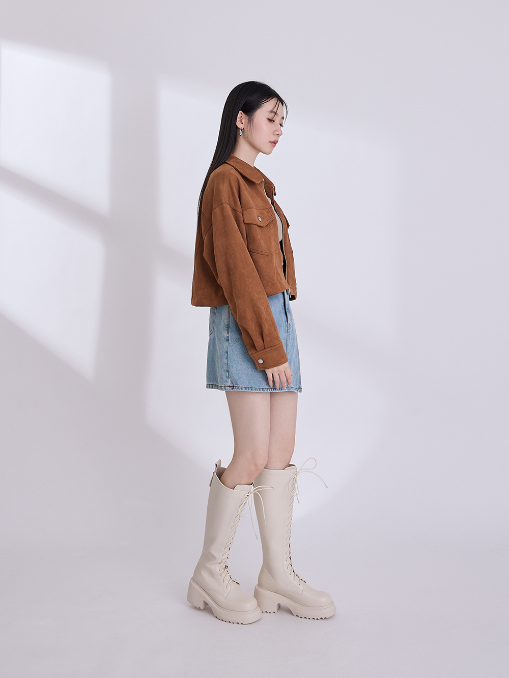 女團風輕量厚底綁帶長靴 米白色