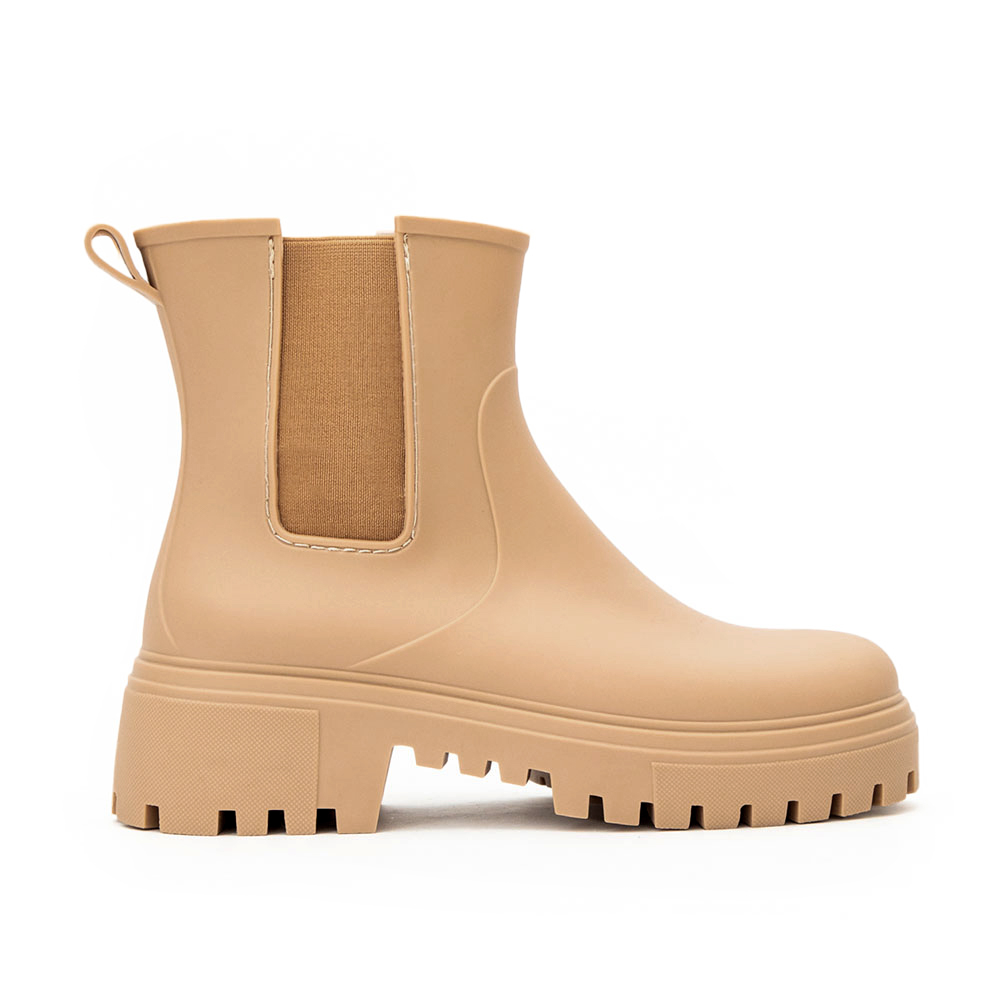 【機能鞋墊】鬆緊拼接內增高切爾西雨靴 杏色