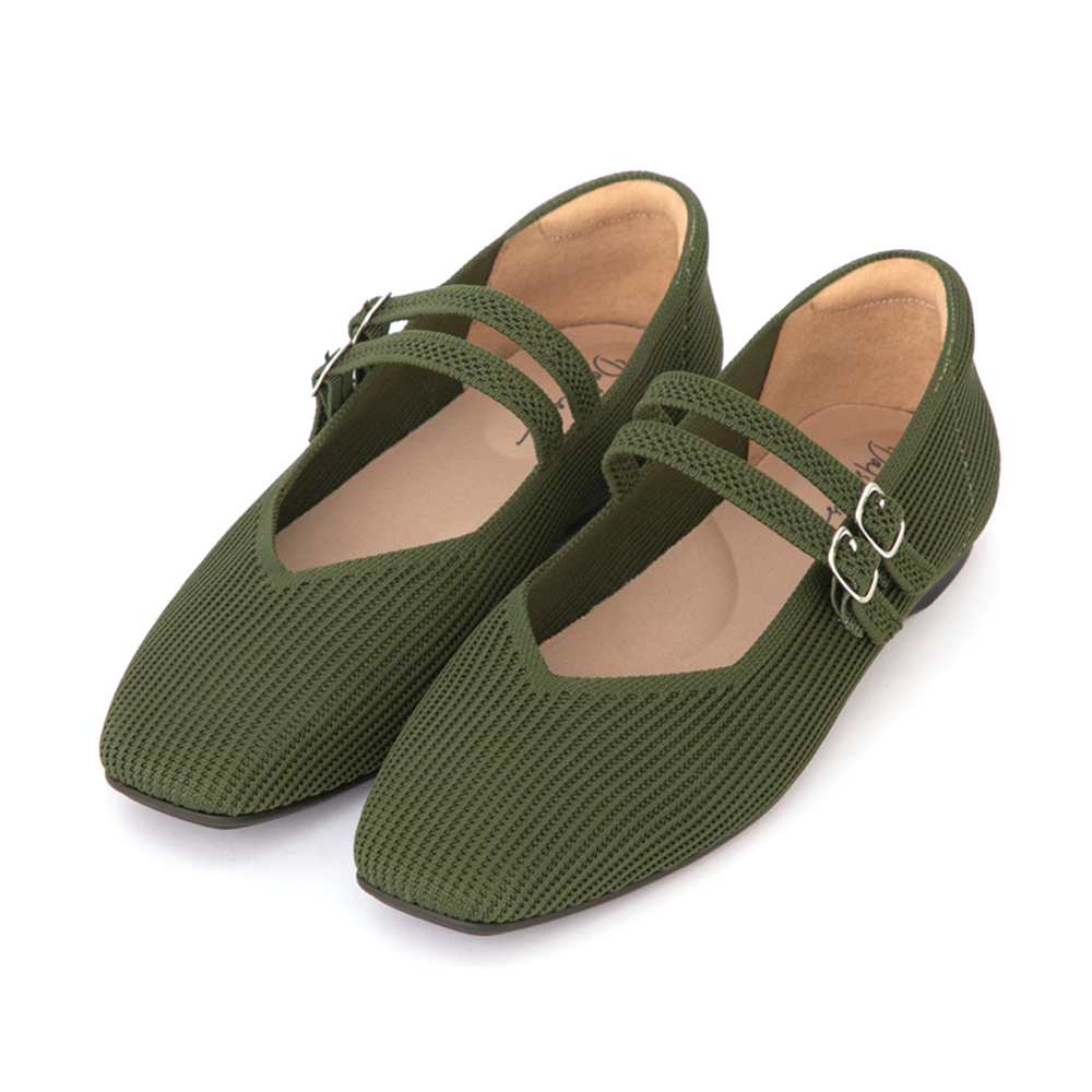 【3D零感雲織鞋】雙帶方頭瑪莉珍鞋 橄欖綠