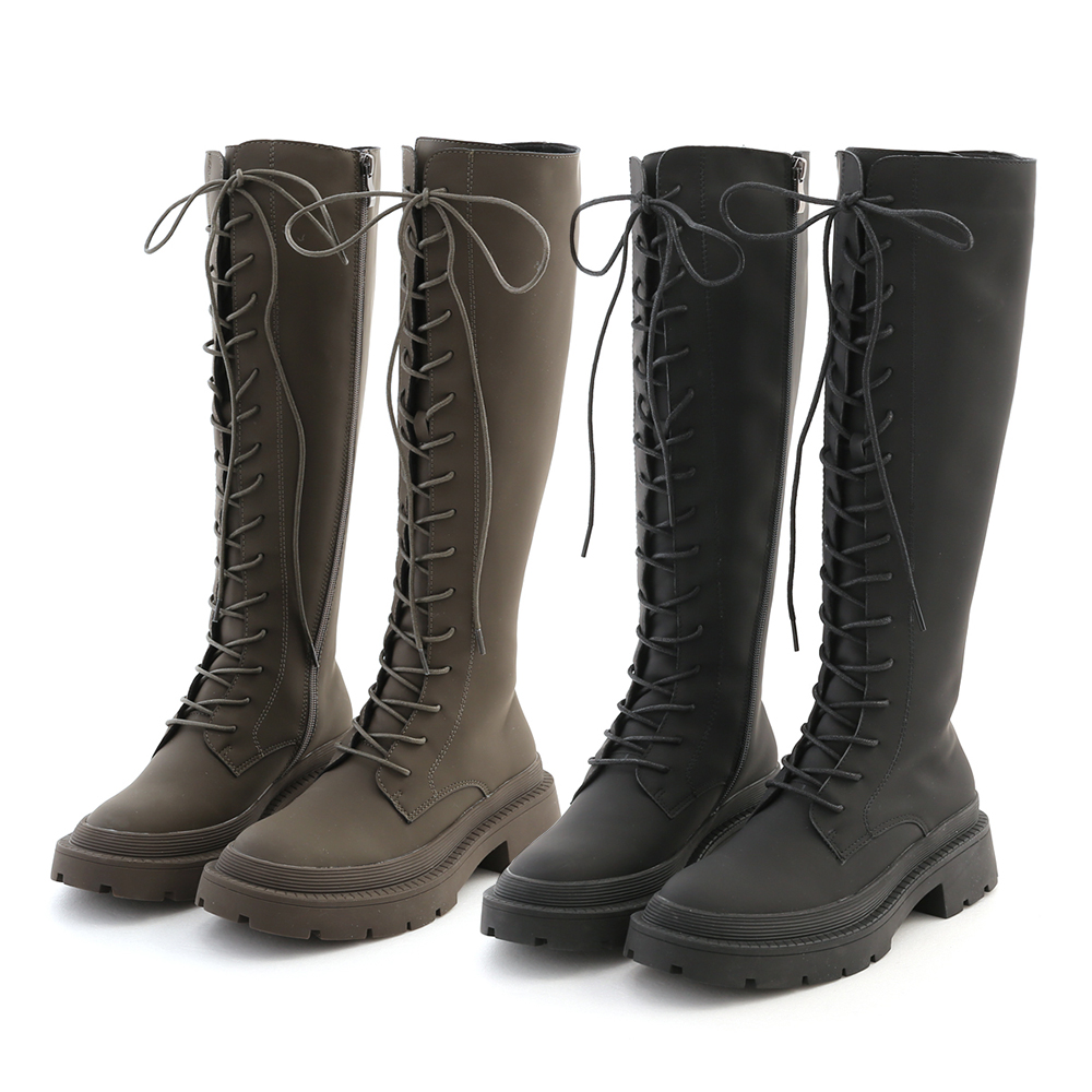 Track Sole Lace-up Under-The-Knee Boots Green