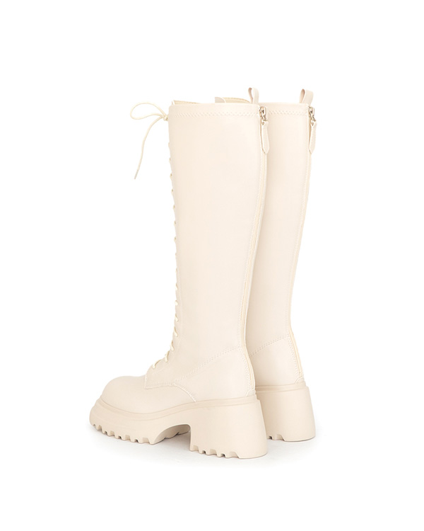 女團風輕量厚底綁帶長靴 米白色