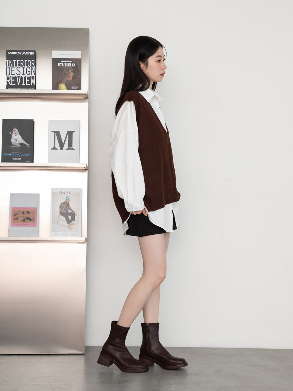 美拍風格方頭木紋跟瘦瘦靴 咖啡