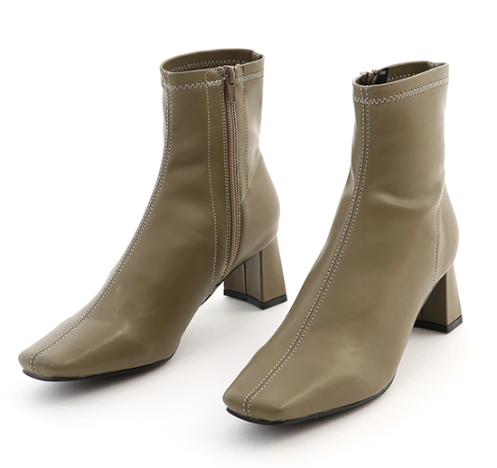 Plain Square Toe Mid-Heel Slimming Boots Olive Green