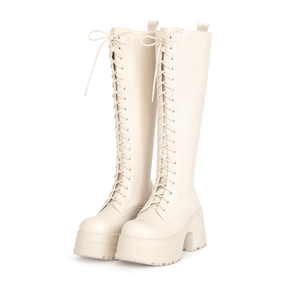 舞力全開增高加厚底綁帶長靴 米白色