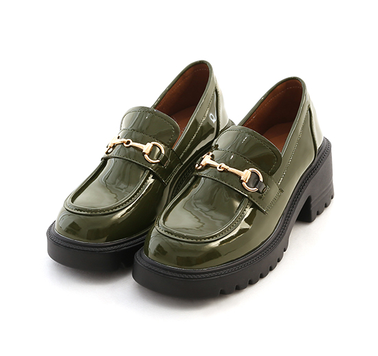 Patent Leather Horsebit Thick Sole Lightweight Loafers Green