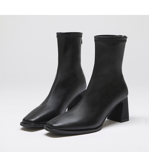 Plain Square Toe High Heels Slimming Boots Black