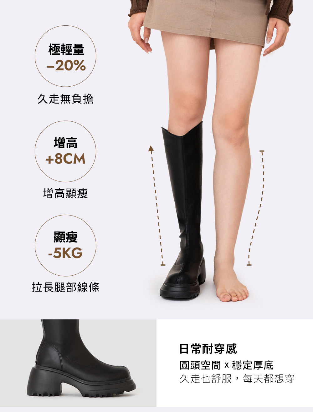 美圖V口輕量厚底瘦瘦長靴 復古咖