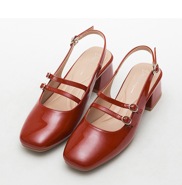 Patent Leather Double Strap Low-Heel Slingback Mary Jane Shoes 磚紅