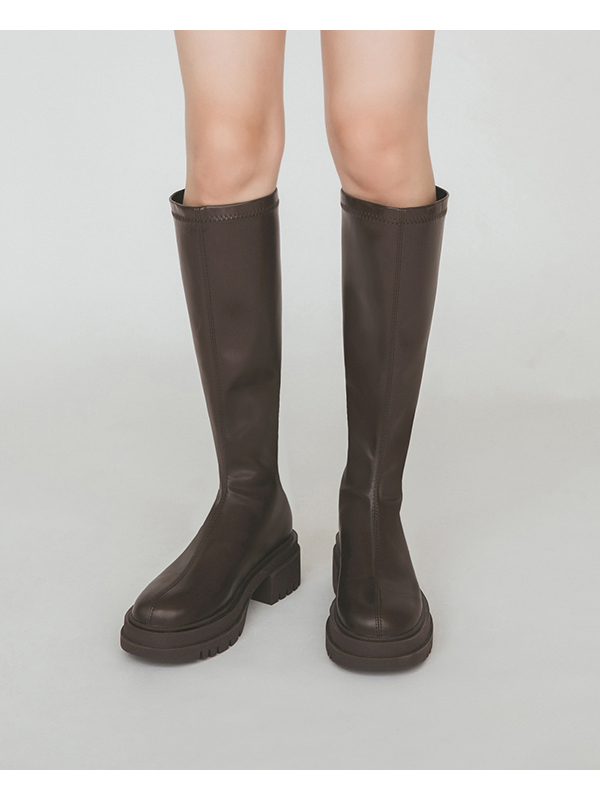 Plain Thick Sole Tall Boots Dark Brown