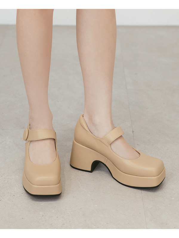 Square-Toe Thick-Soled Mary Jane Shoes Beige