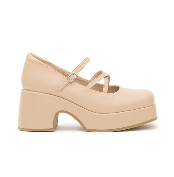 Square-Toe Cross-Strap Mary Jane Shoes Beige