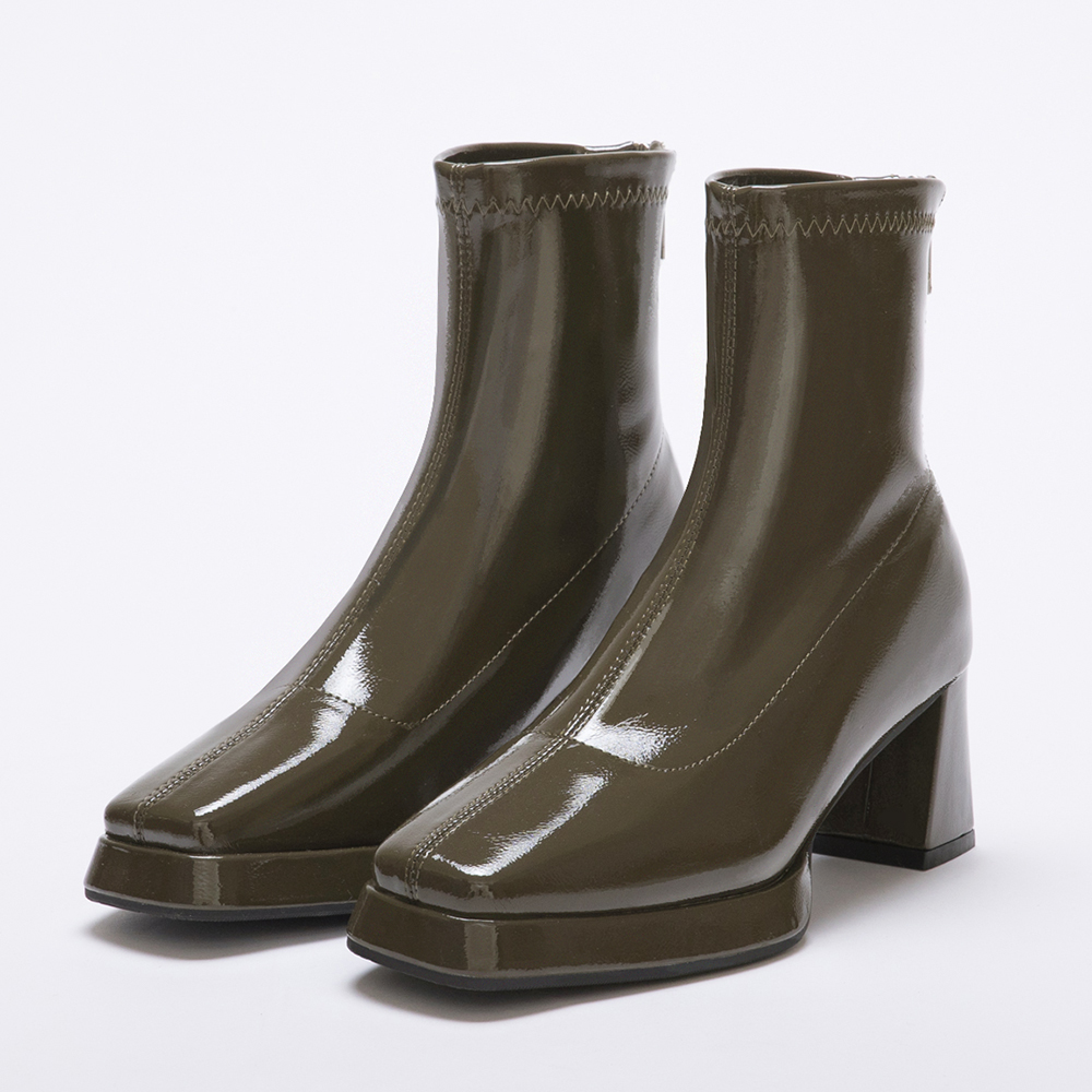 Plain Square Toe Platform High-Heel Slimming Boots Olive Green