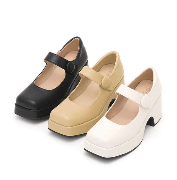 Square-Toe Thick-Soled Mary Jane Shoes Vanilla