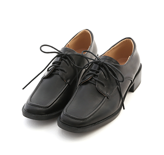 Square Toe Lace-Up Wooden Heel Derby Shoes Black