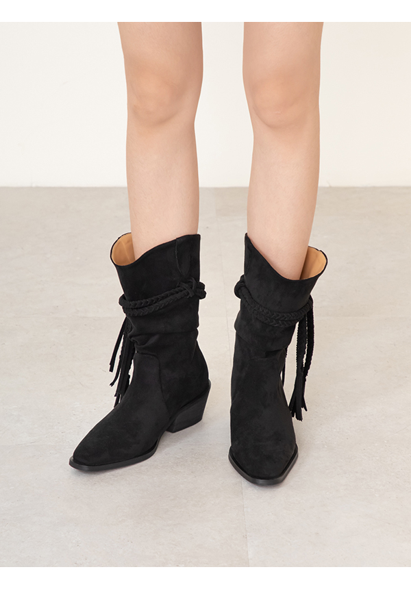 吉普賽流蘇小V口牛仔短靴 黑色