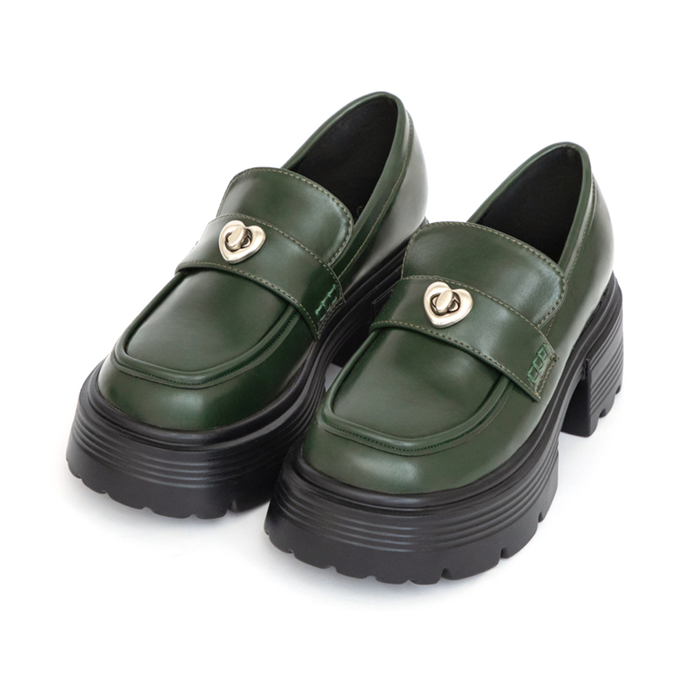 Love愛心釦飾厚底樂福鞋 綠色