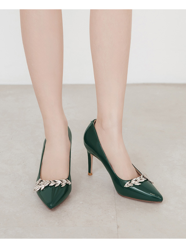 Glamour Gem-Embellished Patent Leather 8cm Heels Green