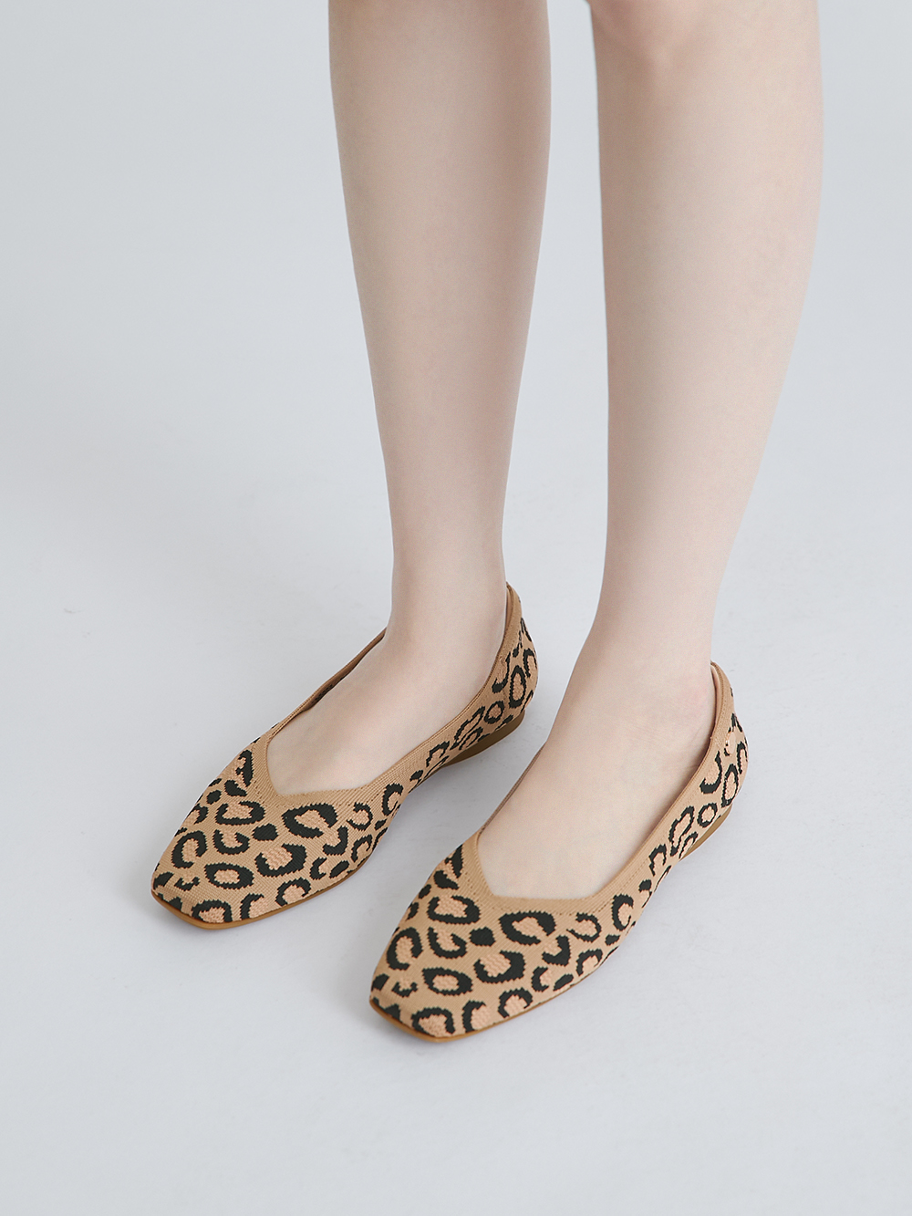 【3D零感雲織鞋】豹紋方頭娃娃鞋 杏色豹紋