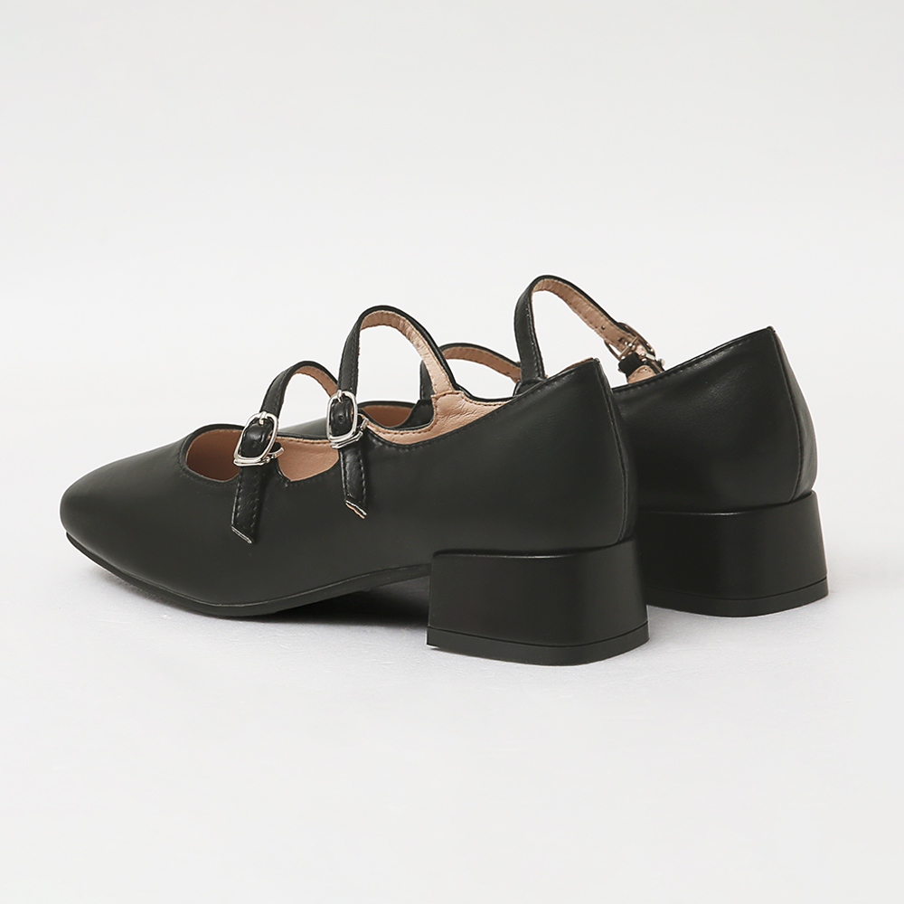 4D Cushioned Double-strap Low Heel Mary Jane Shoes Black