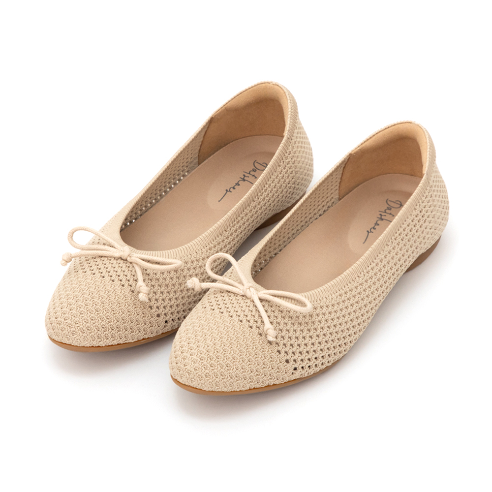 【3D零感雲織鞋】蝴蝶結圓頭芭蕾娃娃鞋 密茶杏