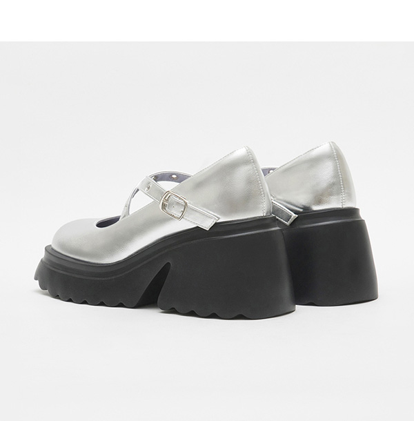 Metallic Cross-Straps Thick Sole Mary Jane Shoes Silver