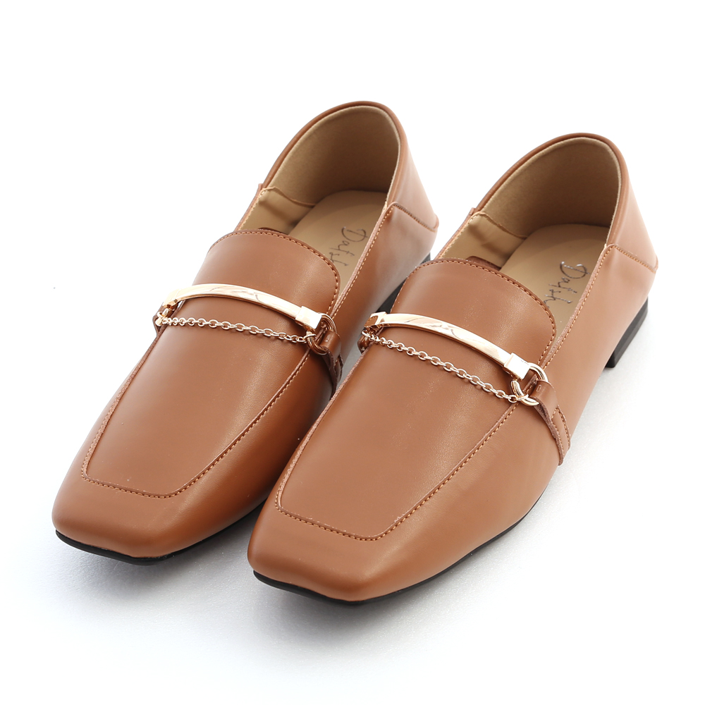 Soft Leather Metal Chain Loafers Brown