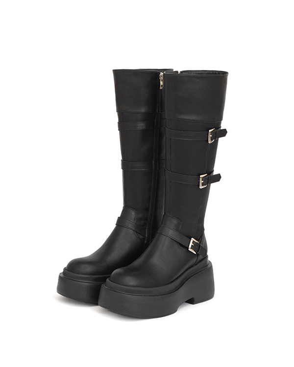 霸氣登場Plus級釦環加厚底釦環長靴 時尚黑