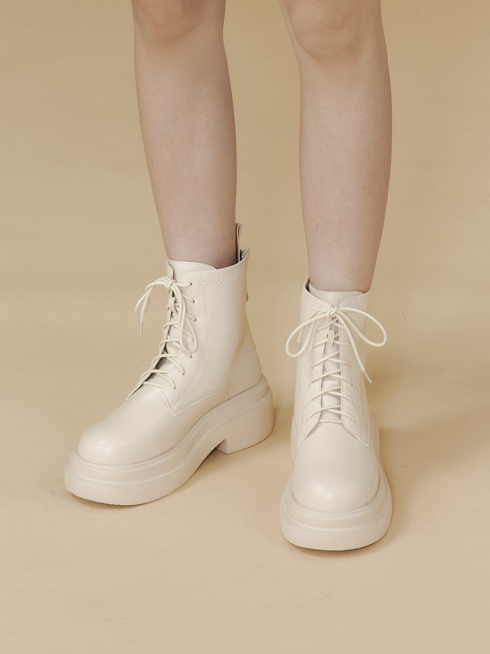 偶像學園輕量厚底綁帶短靴 米白色