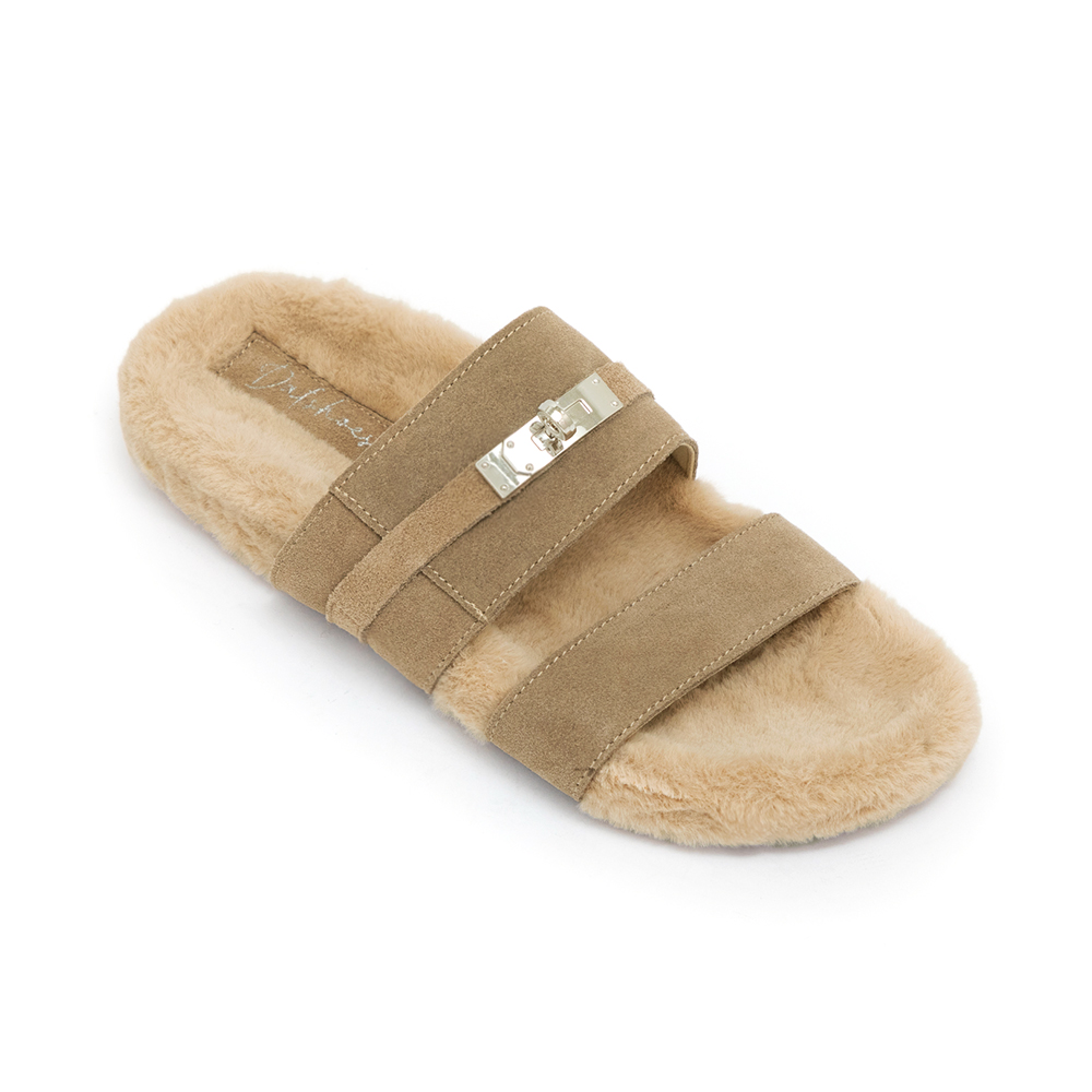 質感金屬鎖釦真皮毛毛拖鞋 杏色