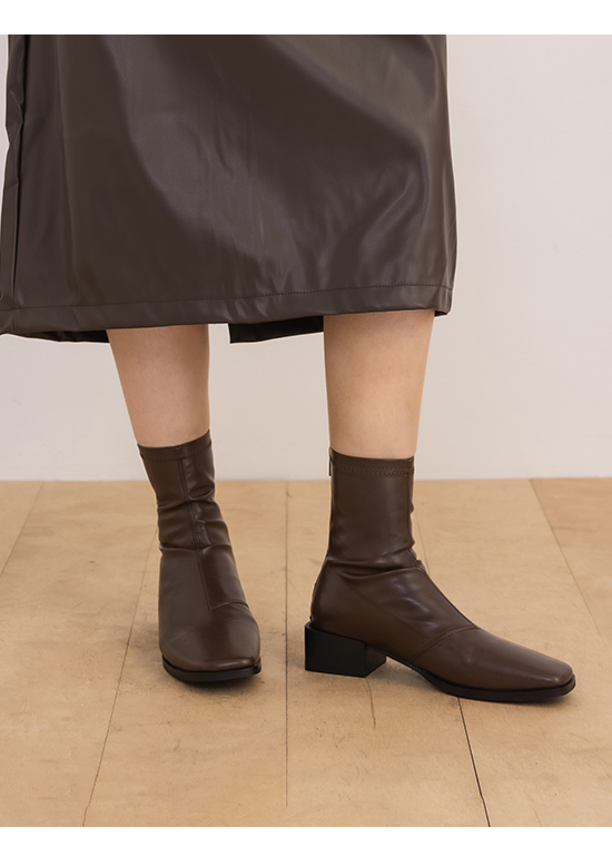 Soft Leather Square Toe Low Heel Boots Dark Brown