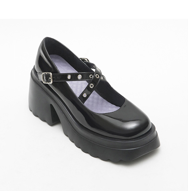 Metallic Cross-Straps Thick Sole Mary Jane Shoes 漆皮黑