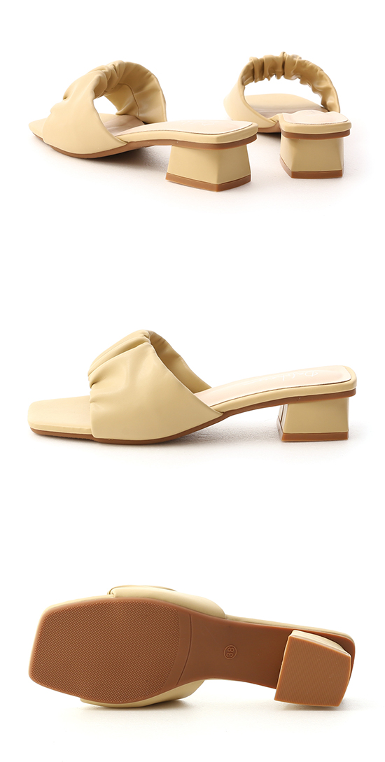 Ruched Detail Wide Strap Low Heel Sandals Yellow