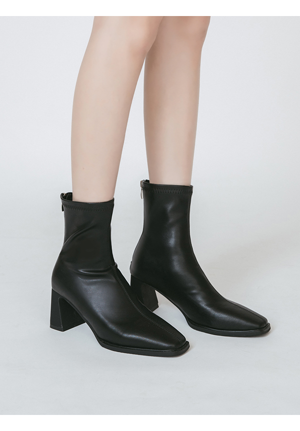 Plain Square Toe High Heels Slimming Boots Black