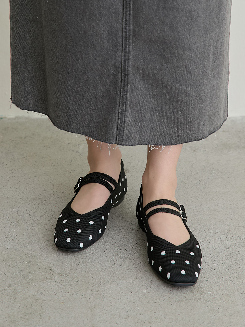 【3D零感雲織鞋】雙帶方頭瑪莉珍鞋 點點黑