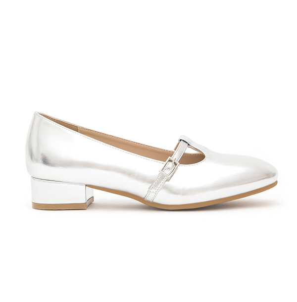 Round-Toe T-Strap Mary Jane Shoes Silver