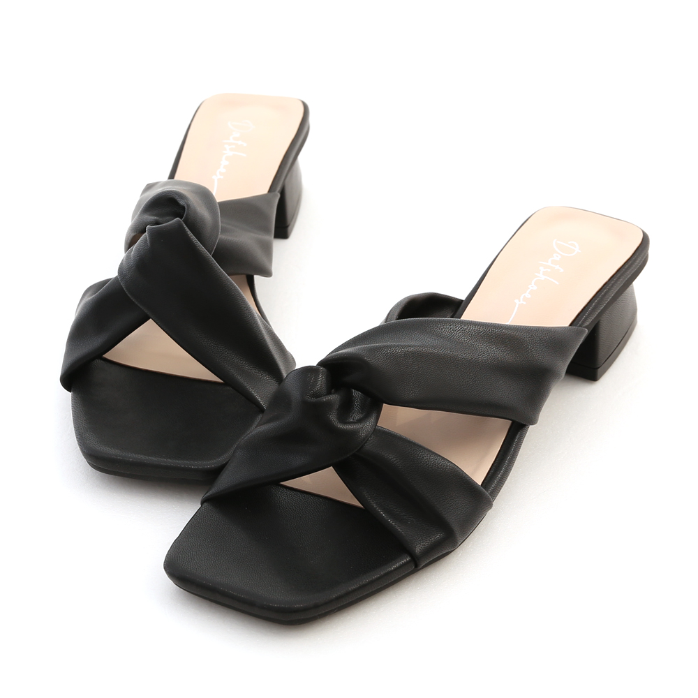 Knotted Square Toe Low Heel Sandals Black