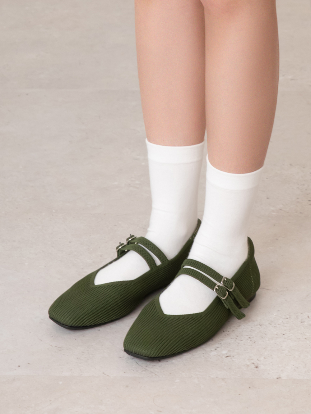 【3D零感雲織鞋】雙帶方頭瑪莉珍鞋 橄欖綠