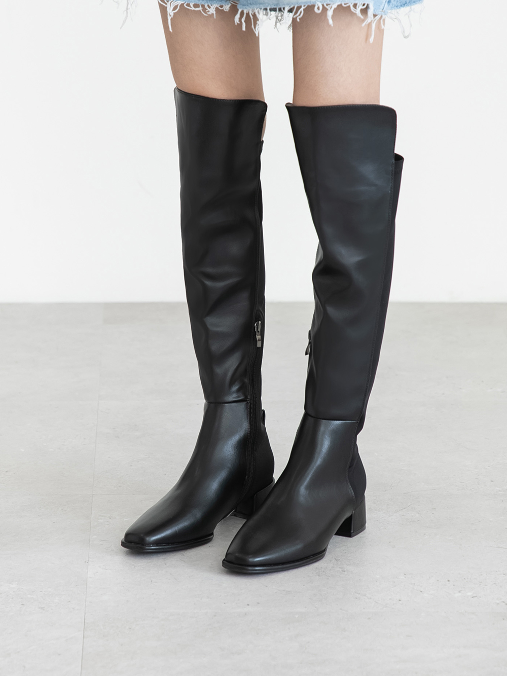 百變主題顯瘦拼接膝上長靴 黑色